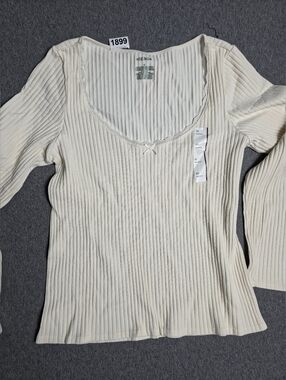 wild fable Cream Ribbed Scoop Lace-Trim Long Sleeve Top. Balletcore. Downtown.
